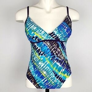 Speedo One Piece Swimsuit Multi Blue Teal  Trim V-Neck Adjustable Straps Size 8